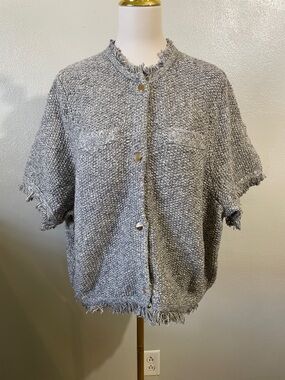 J Crew Marled Knit Blazer Jacket 3X Gray White Fringe Snap Front Texture Stretch